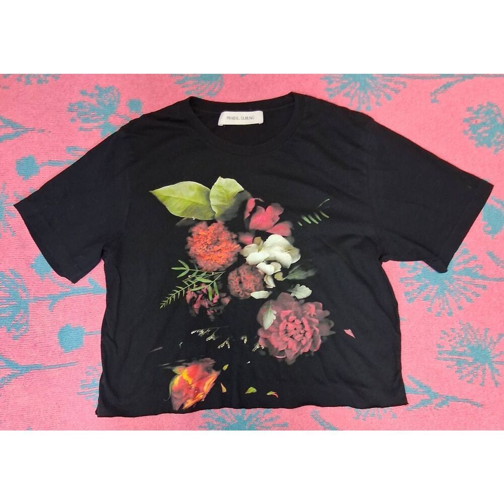 Prabal gurung womens large boxy lightweight tshirt cropped floral multi black